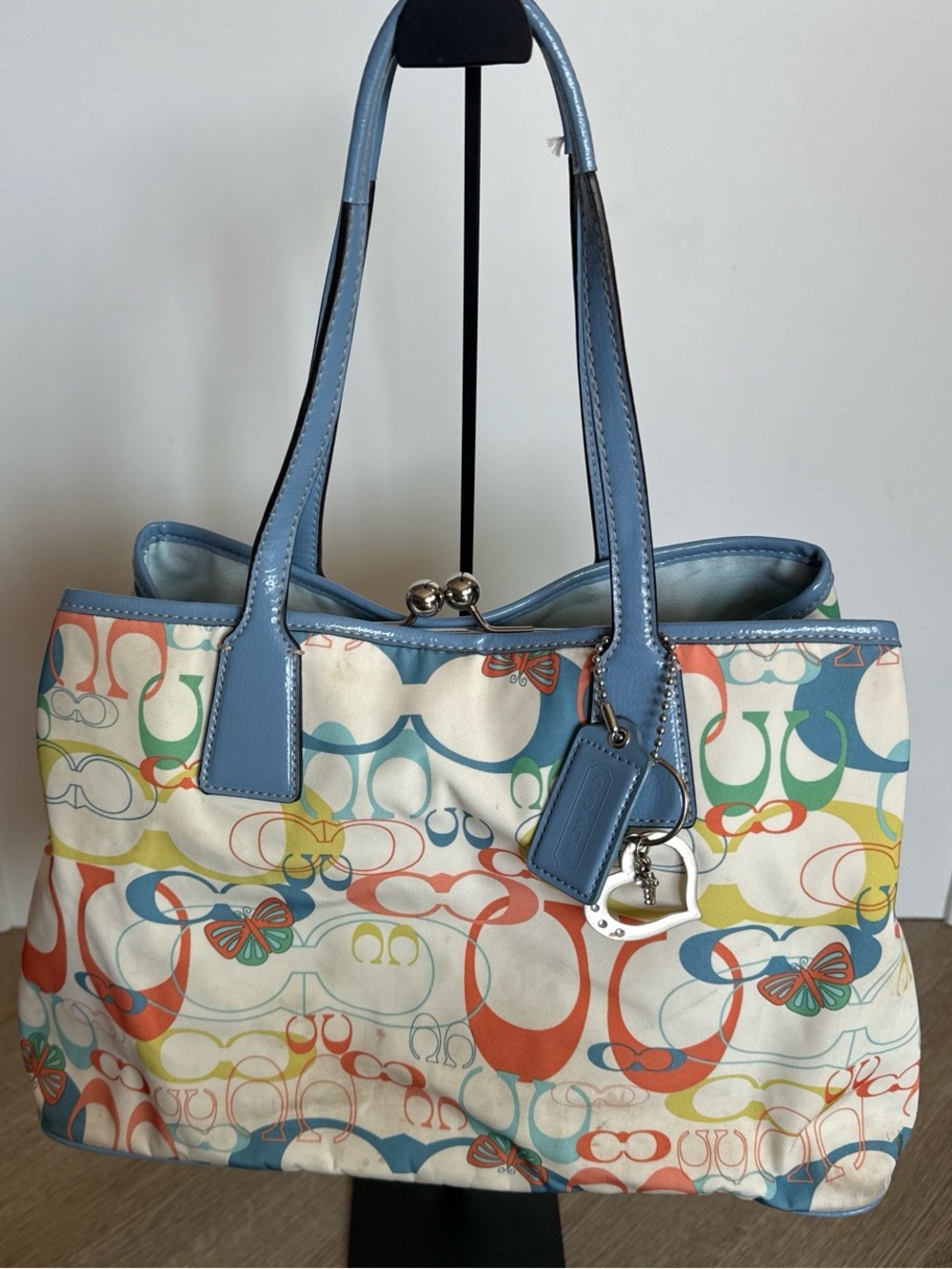 Y2K Coach Multicolor Signature Canvas Tote with Blue Leather Trim